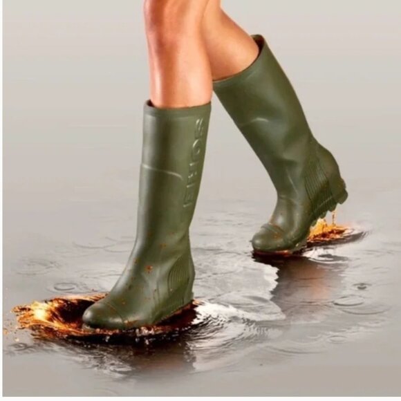 SOREL Rain Boots Green Joan Tall Wedge - Picture 2 of 15